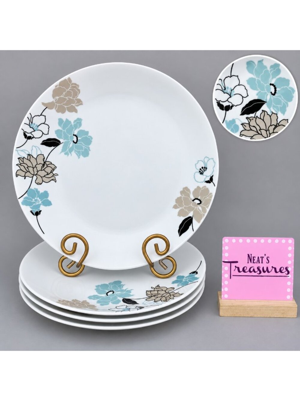 Gibson FLORAL SHADOW Blue Gray Black Floral White Porcelain Dinner Plates Set 4